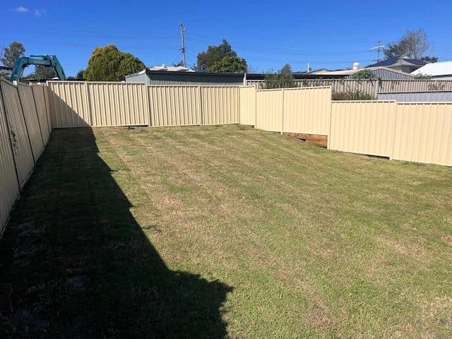 Back yard mown short beside a cream fence